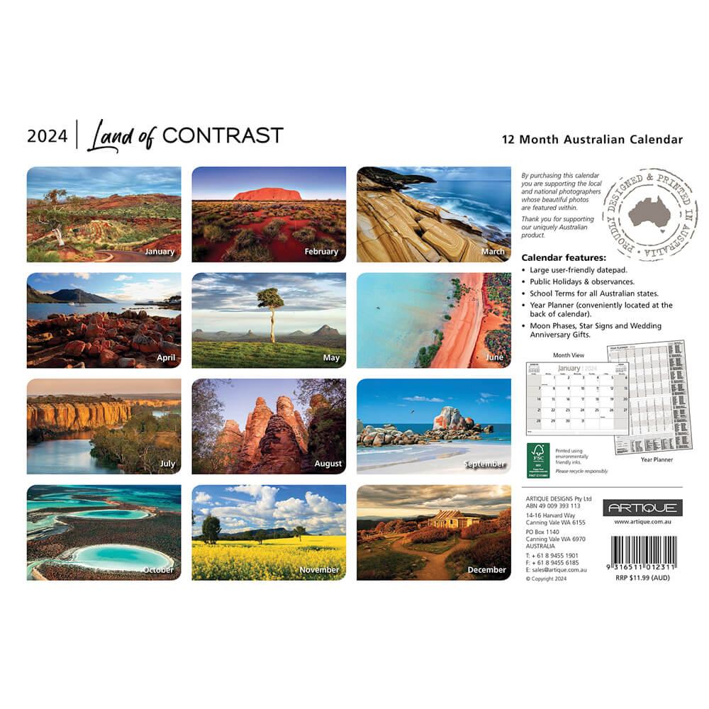 Australian Souvenir Calendar 2024 Land of Contrast Made in Australia by Artique