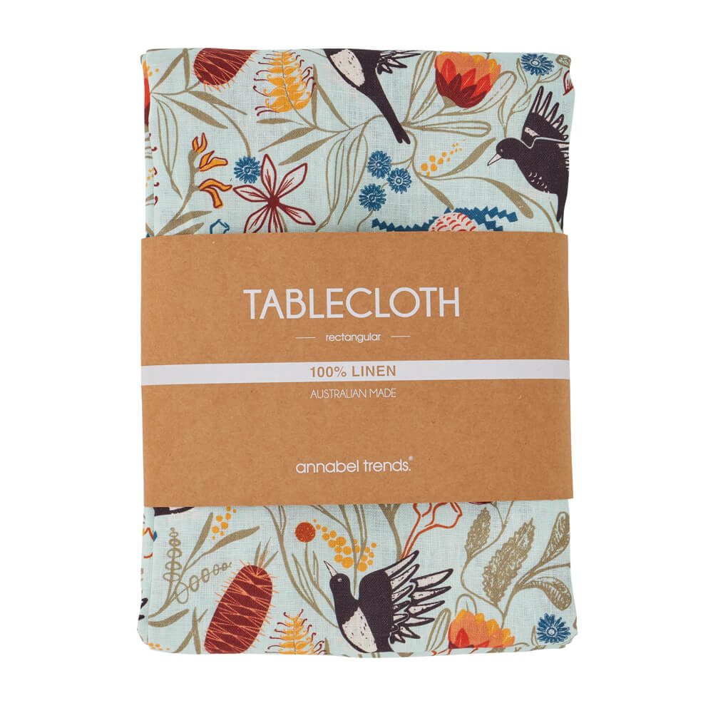 Australian Souvenirs Magpie Florals Linen Tablecloth by Annabel Trends