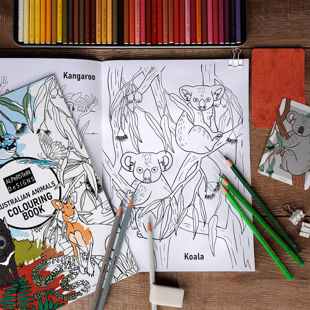 Australian souvenir colouring book featuring aussie animals. made in Australia by alperstein designs