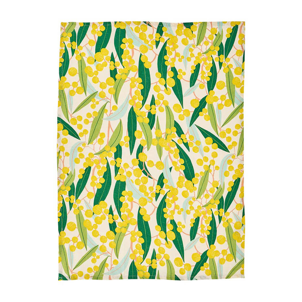 Australian made Golden Wattle linen cotton tea towel with yellow native flower design