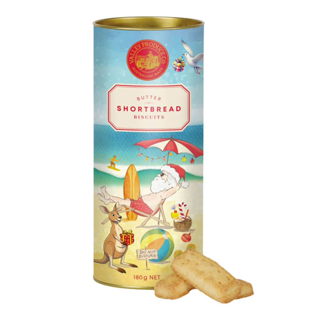 Australian Themed Christmas Gifts. Santa on the Beach Shortbread box