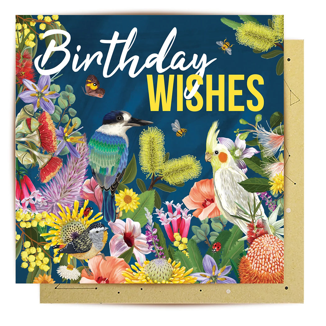 Australian Birthday card with birds, flowers, and 'Birthday Wishes' text on a blue background