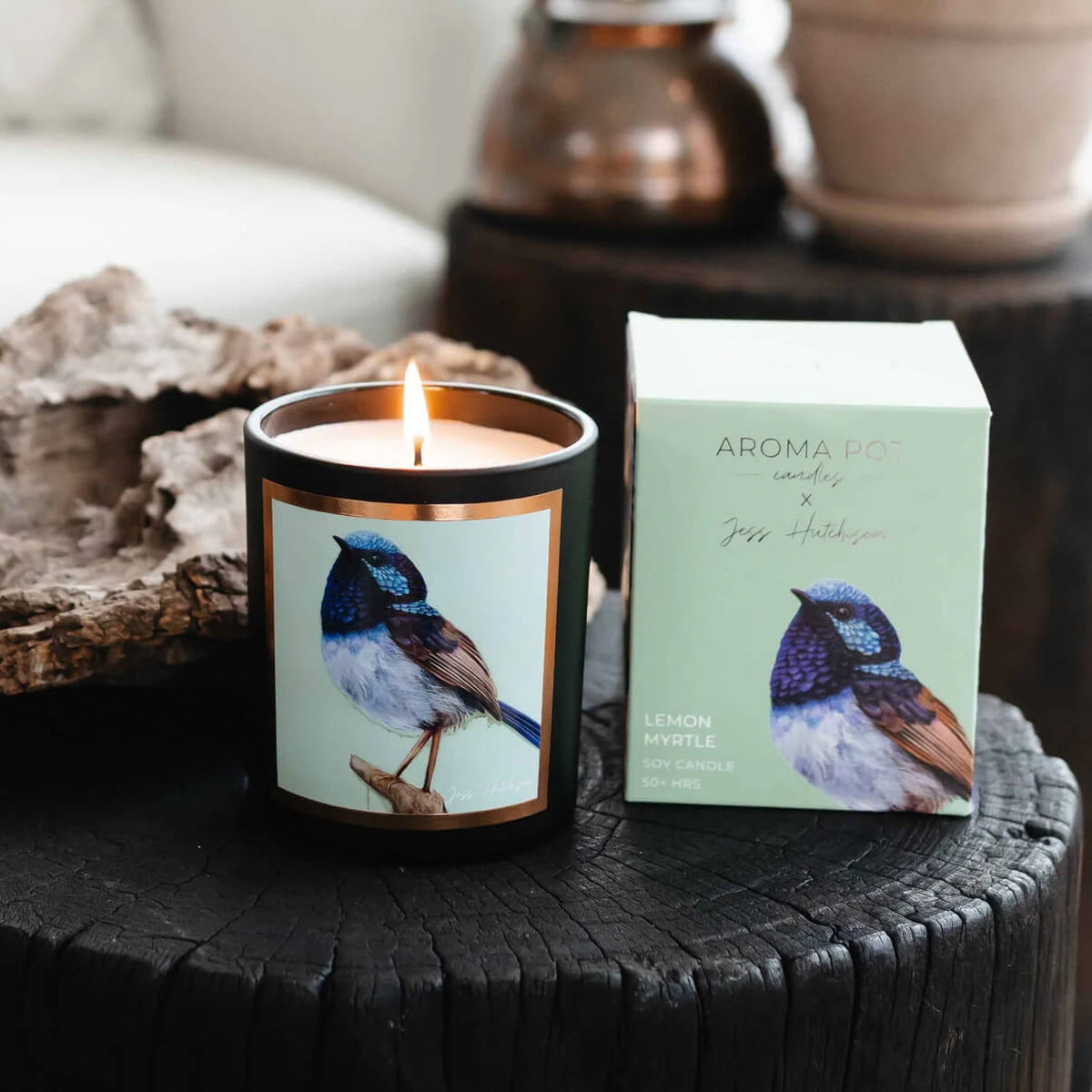 Australian Scented Candle Lemon Myrtle with Blue Wren Artwork
