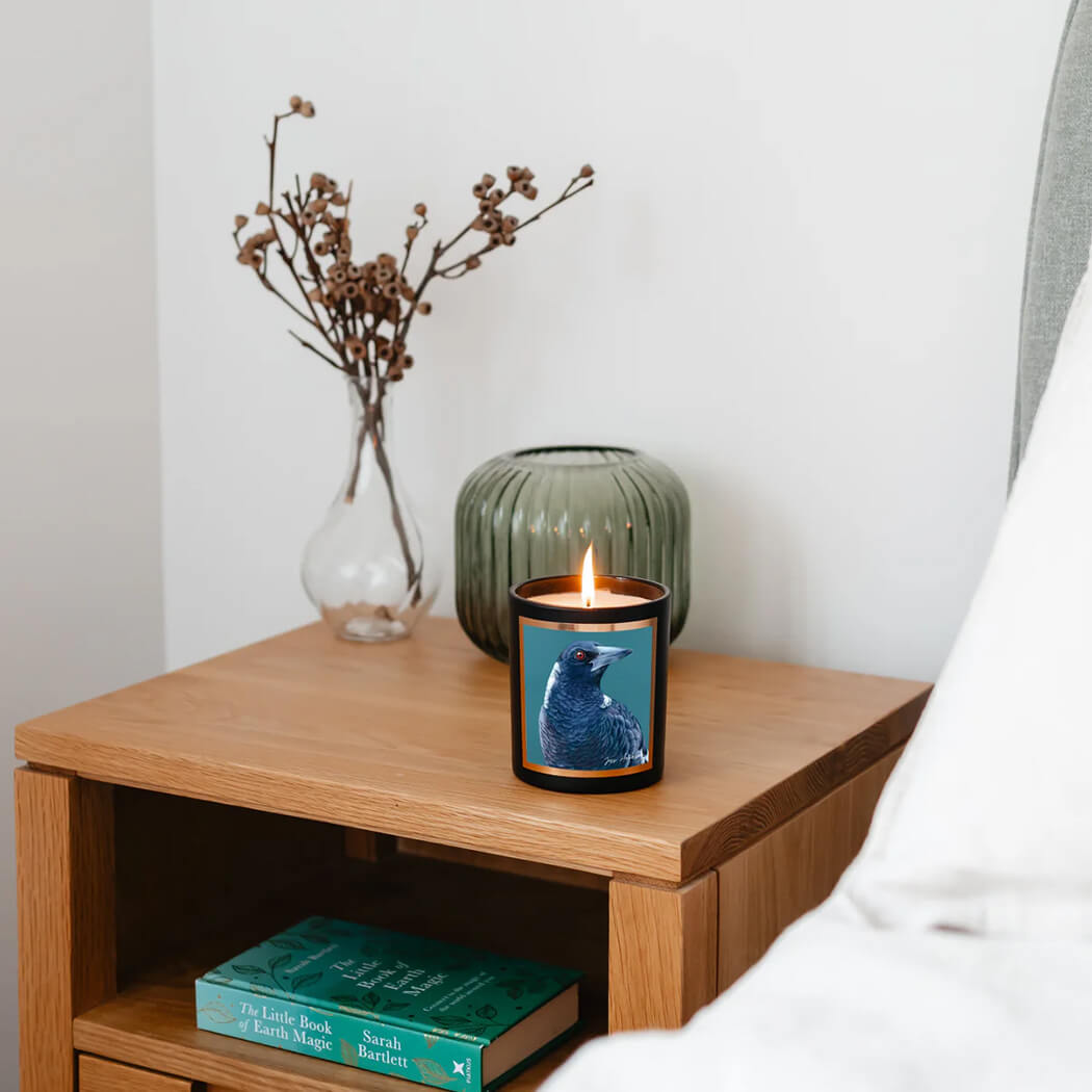 Australian Scented Candle Patchouli Cedarwood with Magpie artwork
