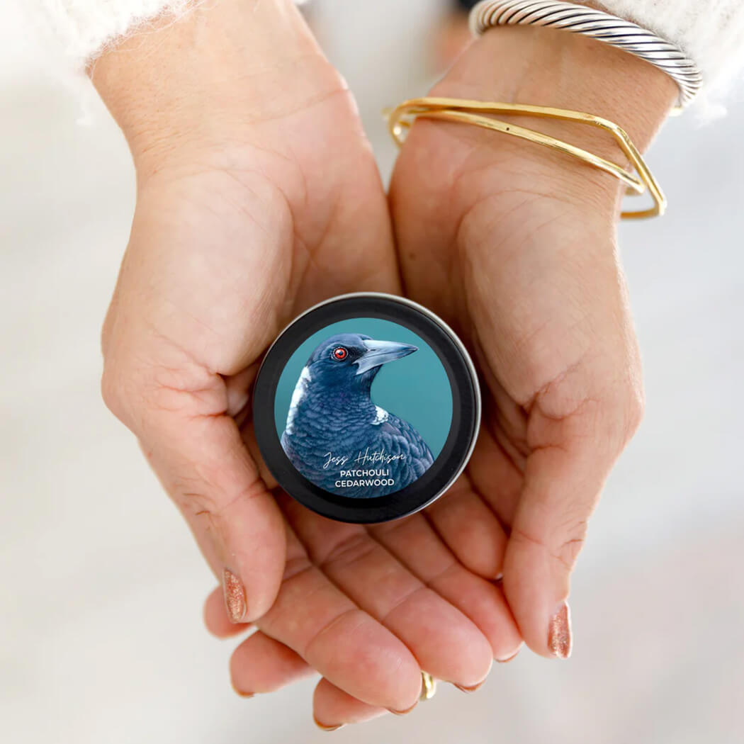 Australian Scented  Candle Patchouli Cedarwood with Magpie Design by Aroma Pot