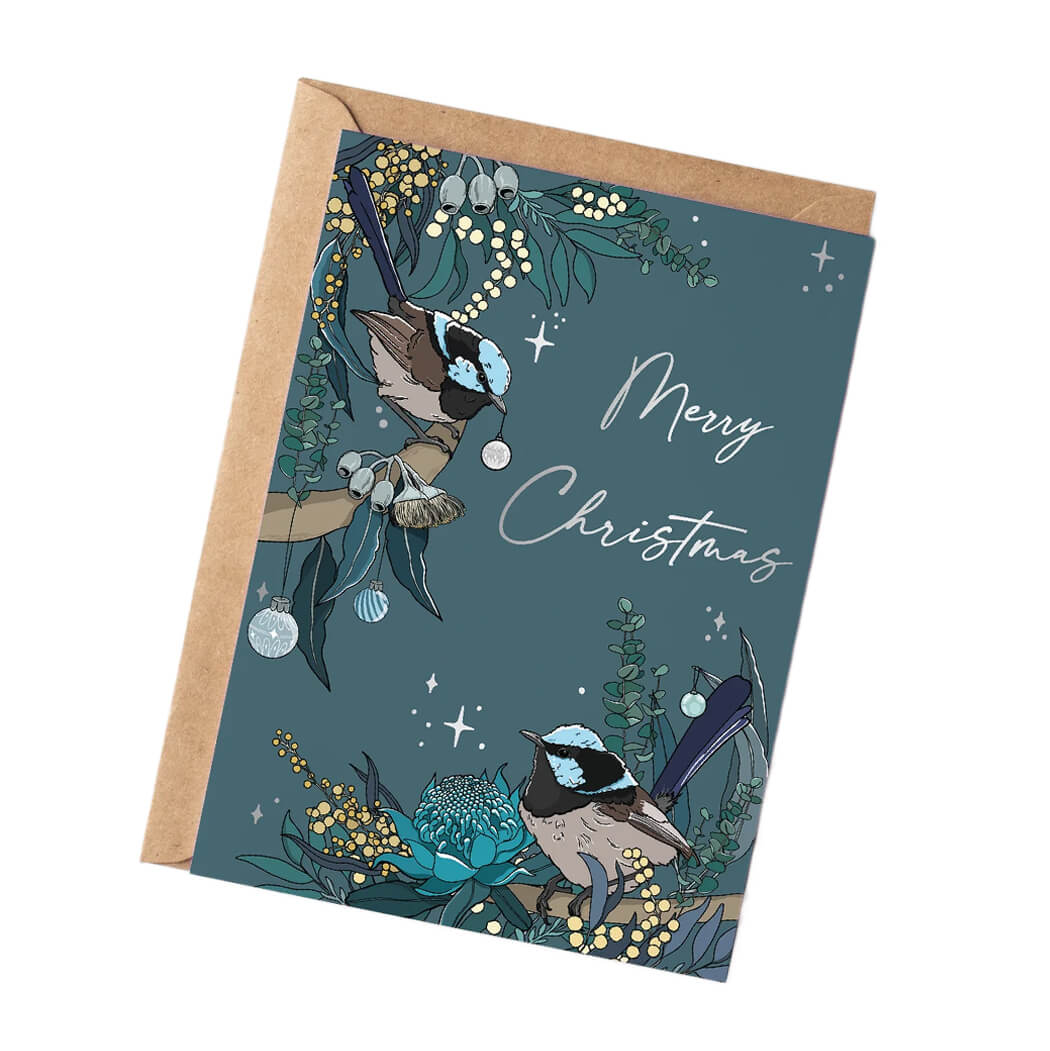 Christmas card with blue wren birds and festive elements on a teal background with the words "Merry Christmas"