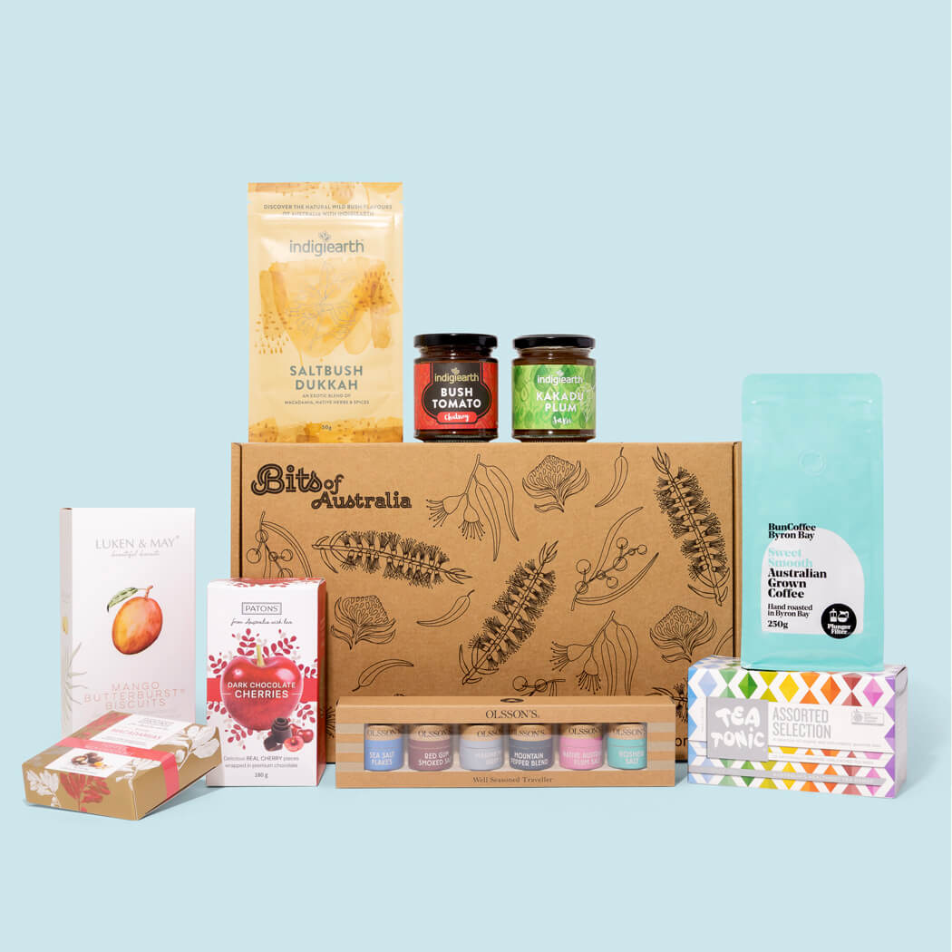 Australian gourmet food gift hamper with coffee, tea, chocolates, biscuits, native spices, jam and chutney