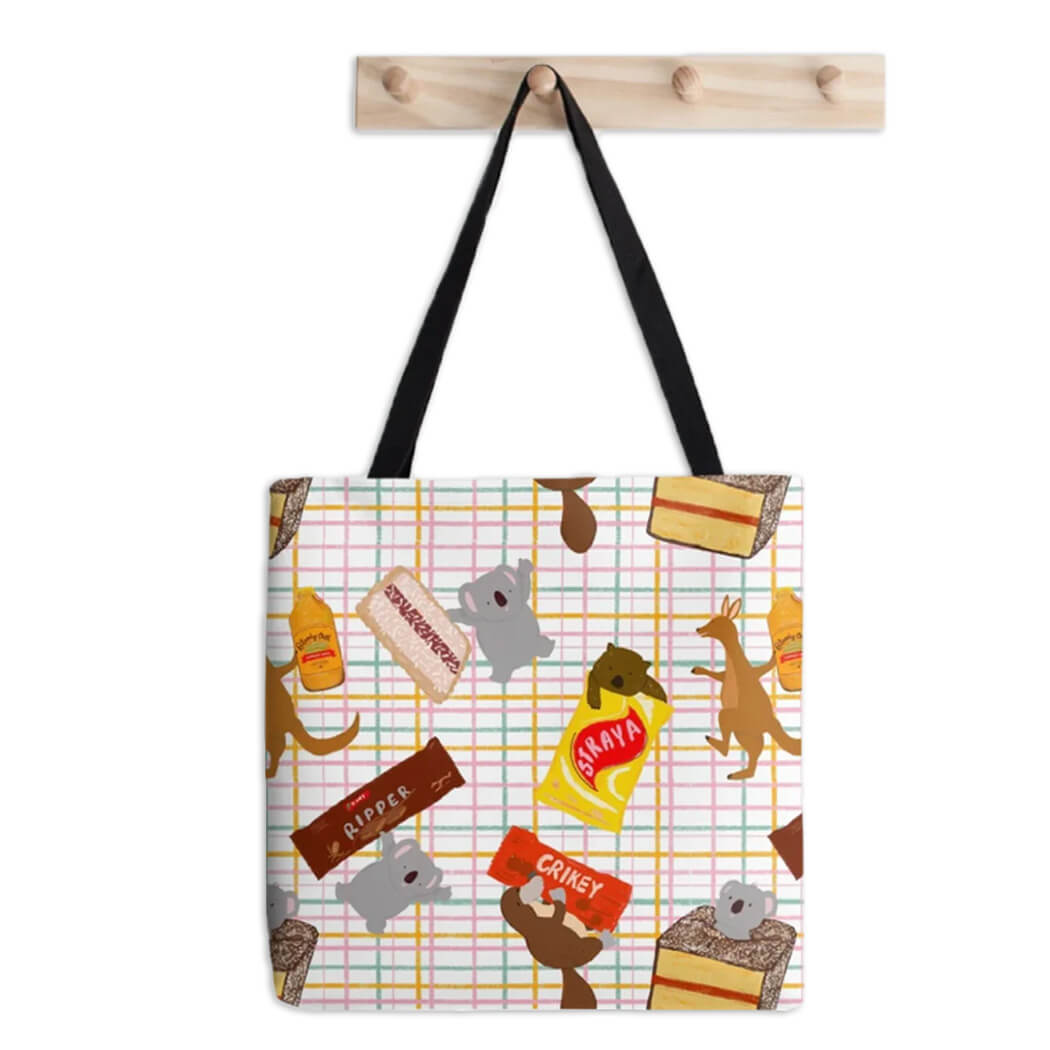 Australian Souvenir Tote Bag with native Wildlife and Aussie Snacks Made in Australia by Suki McMaster