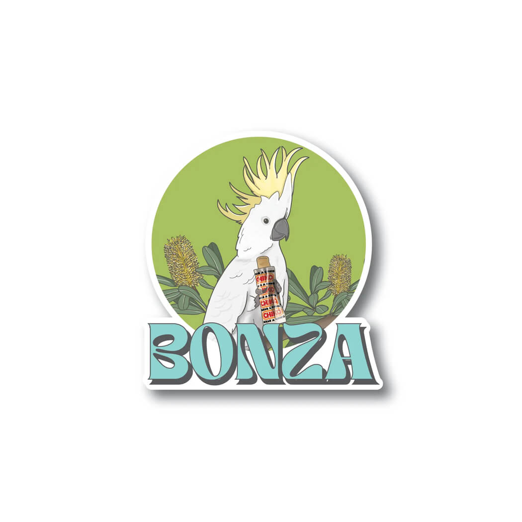 Bonza Australian Souvenir Vinyl Sticker of Cockatoo and Chico Roll Made in Australia