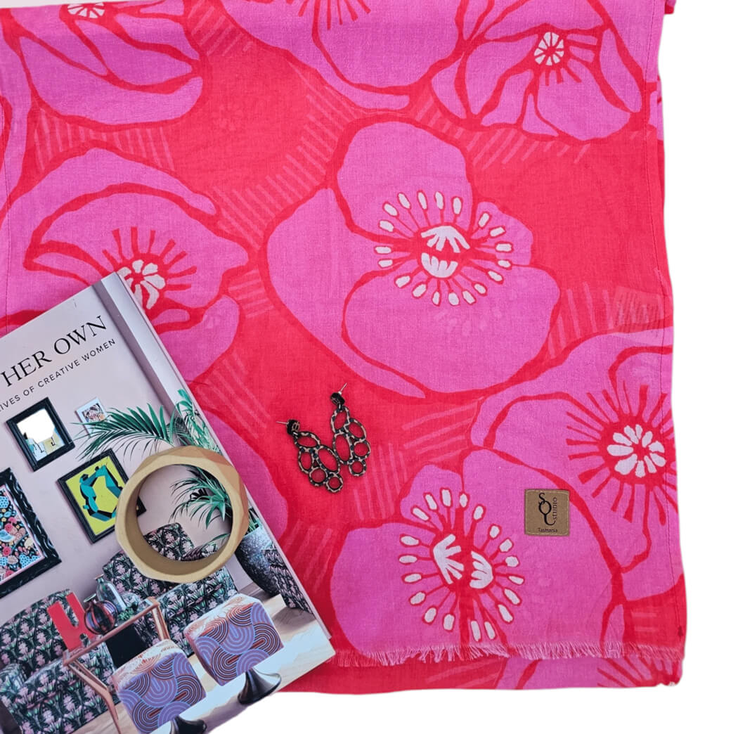Bright pink Ausralian cotton scarf by The Spotted Quoll Tasmania