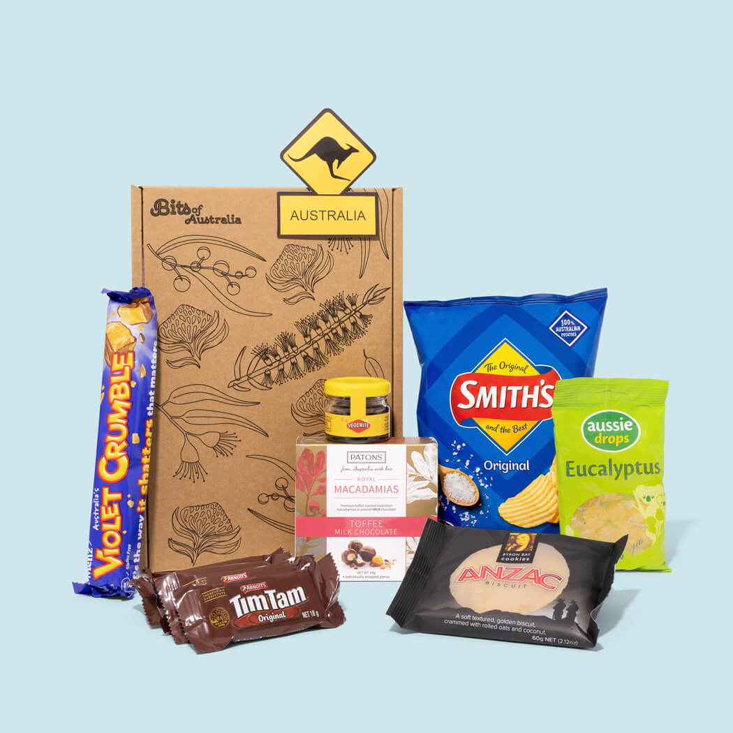 Australian gift box with Vegemite, Tim Tams, Anzac biscuit, chocolates, eucalyptus lollies and kangaroo souvenir magnet