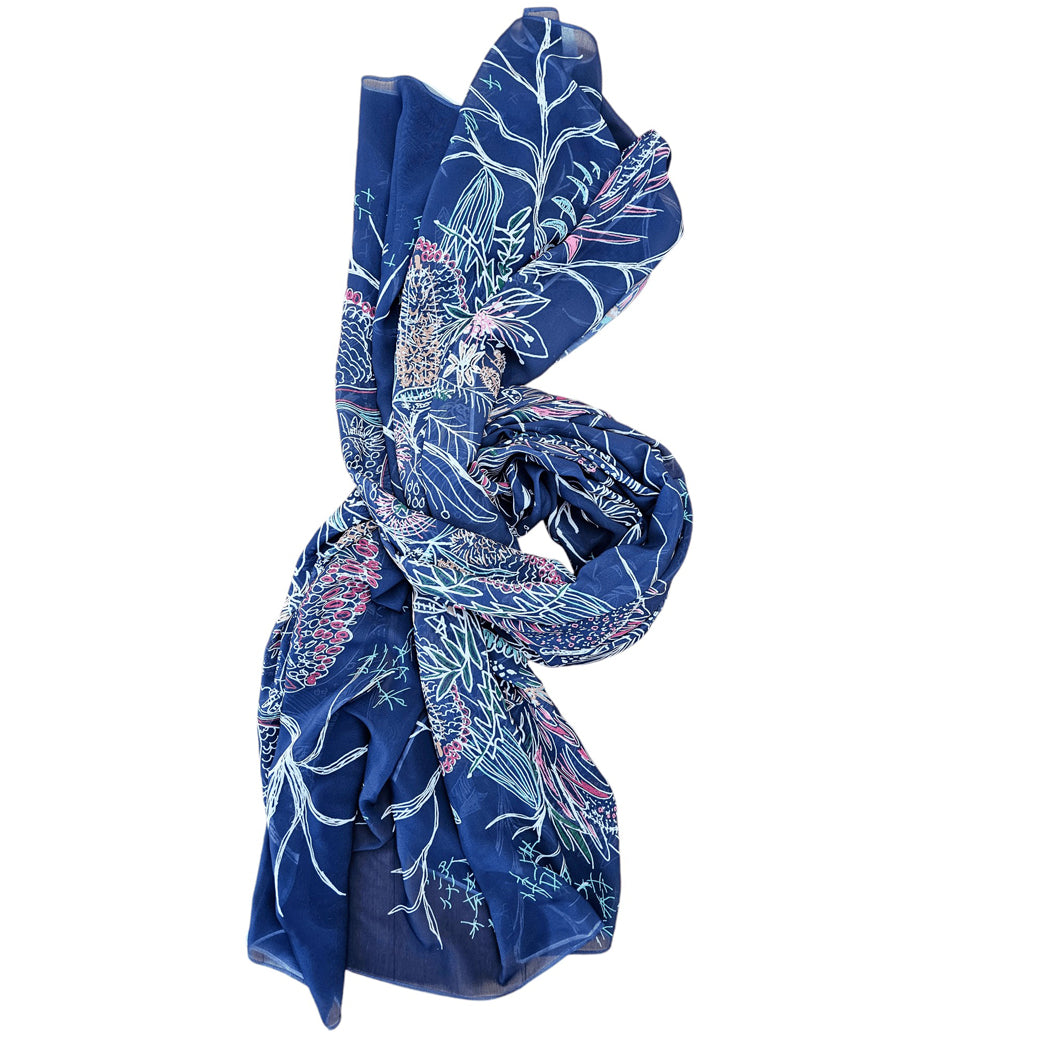 Dark blue wildflowers scarf australian made by the spotted quoll tasmania