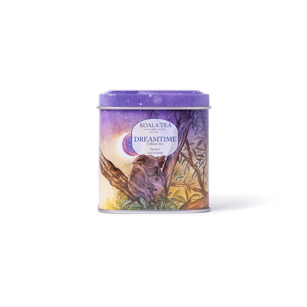 Australian made Dreamtime herbal tea  tin with sleeping koala and 10 organic tea bags