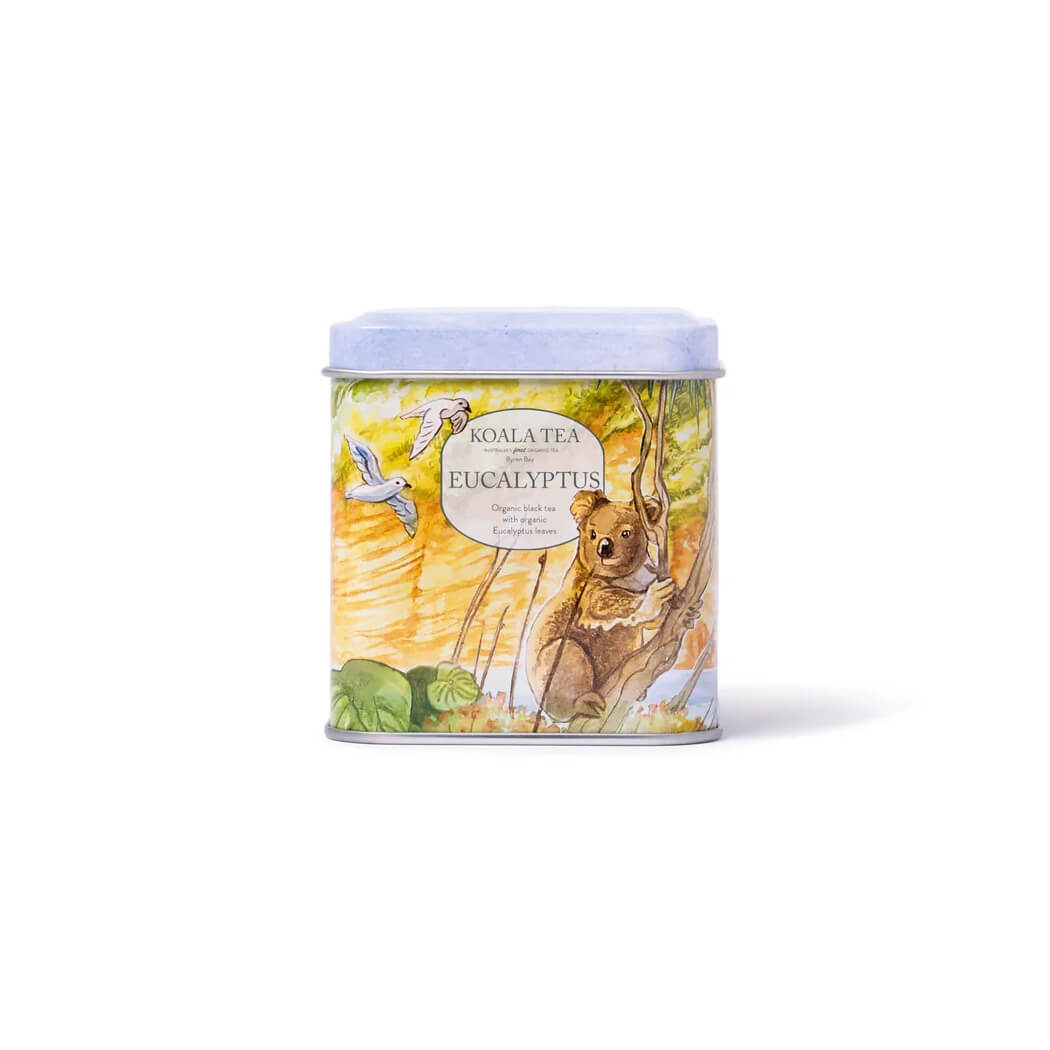 Australian made eucalyptus tea collector tin with koala artwork and 10 organic tea bags