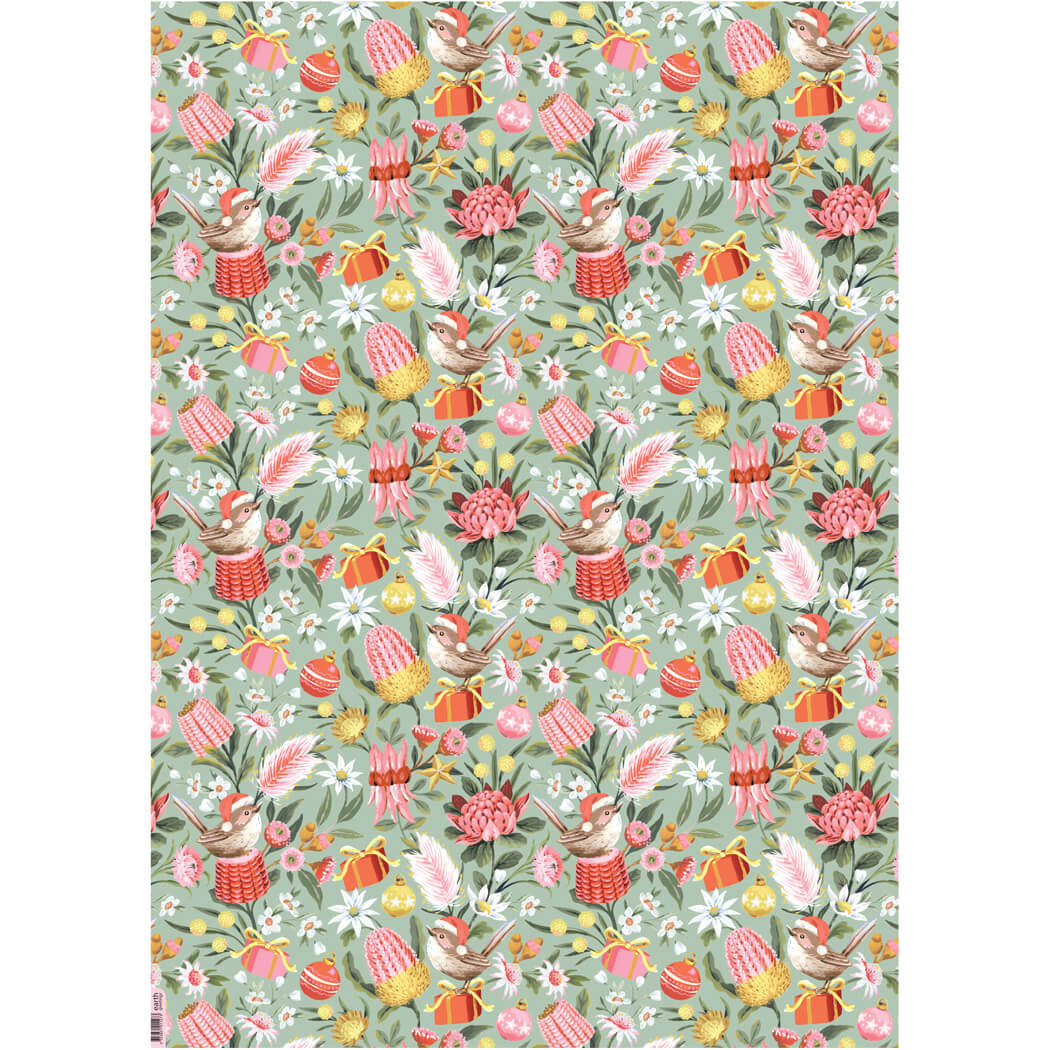 Australian Made Christmas wrapping paper with kangaroos, koalas, kookaburras, Christmas trees and native flowers on a navy background