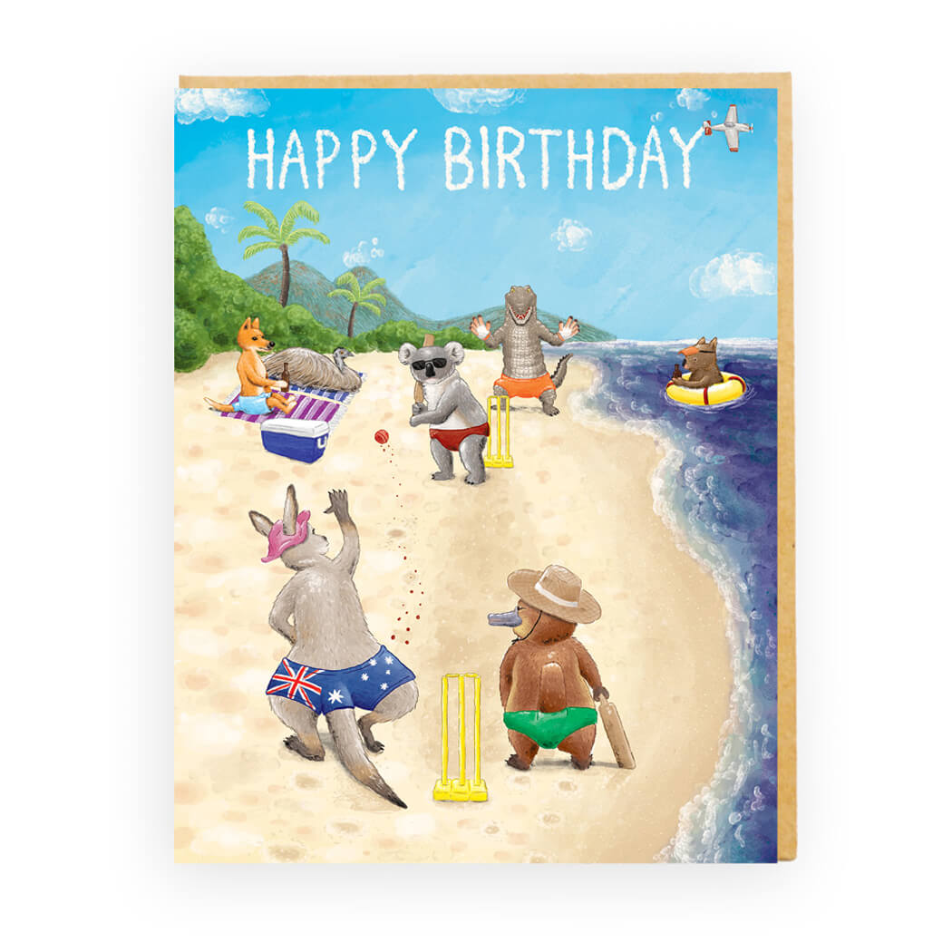 Australian Beach Cricket Birthday Card - For Novelty Cards Online