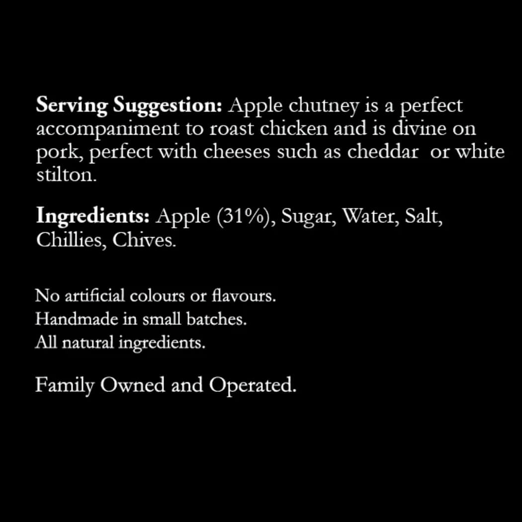 Text describing apple chutney serving suggestion, ingredients, and production details on a black background.