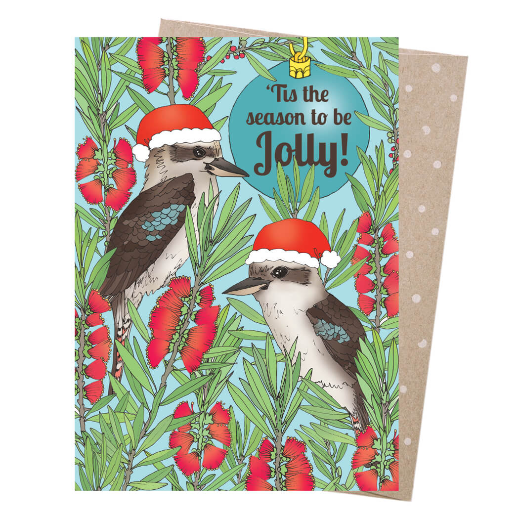 Australian made Christmas card with kookaburra in Santa hat, red bottlebrush flowers and Tis the Season to be Jolly wording