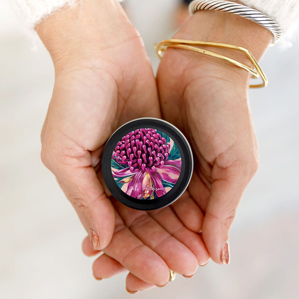 Kakadu Plum Soy Candle with Waratah Packaging. Australian made by Aroma Pot