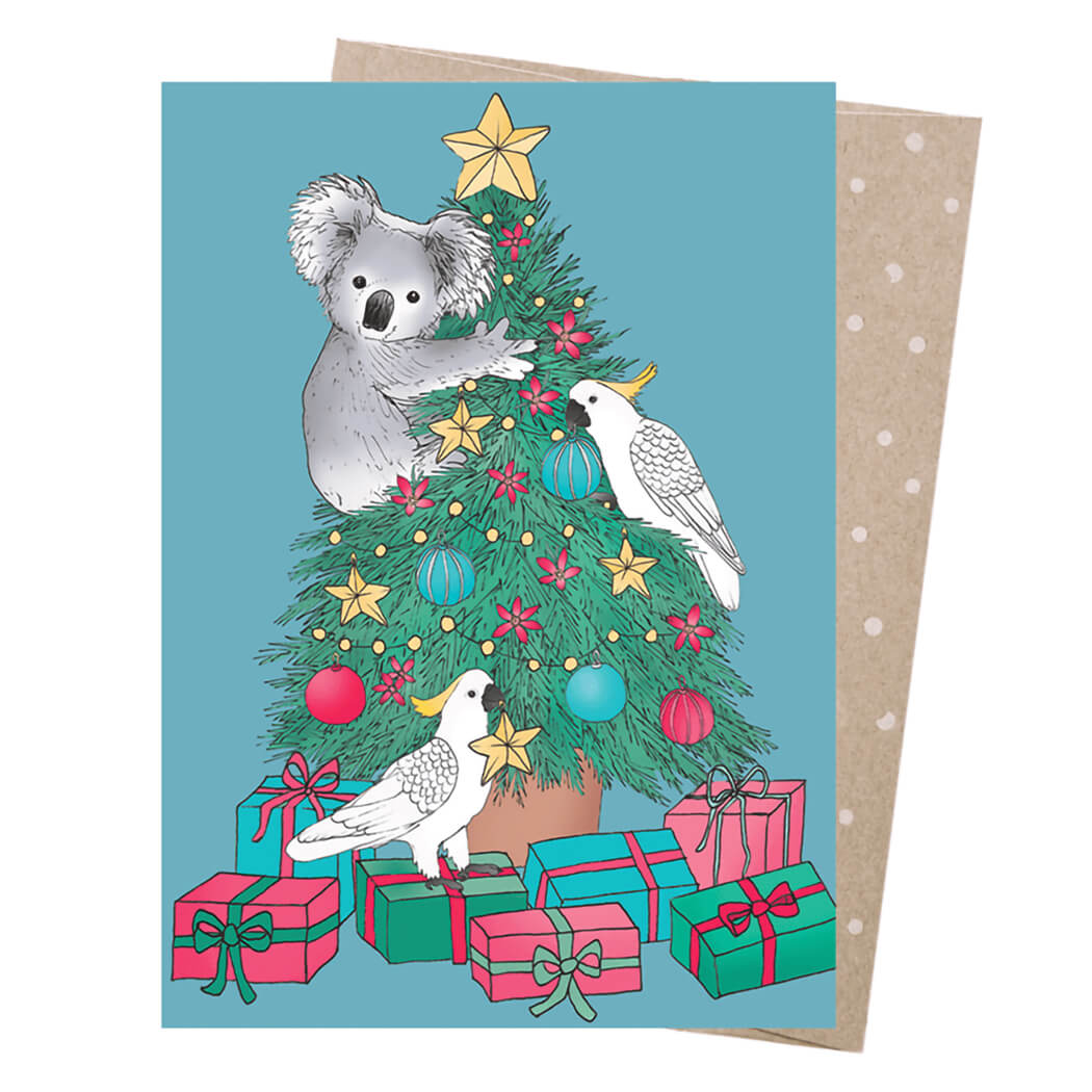Australian made Christmas card with koala and cockatoos decorating a Christmas tree