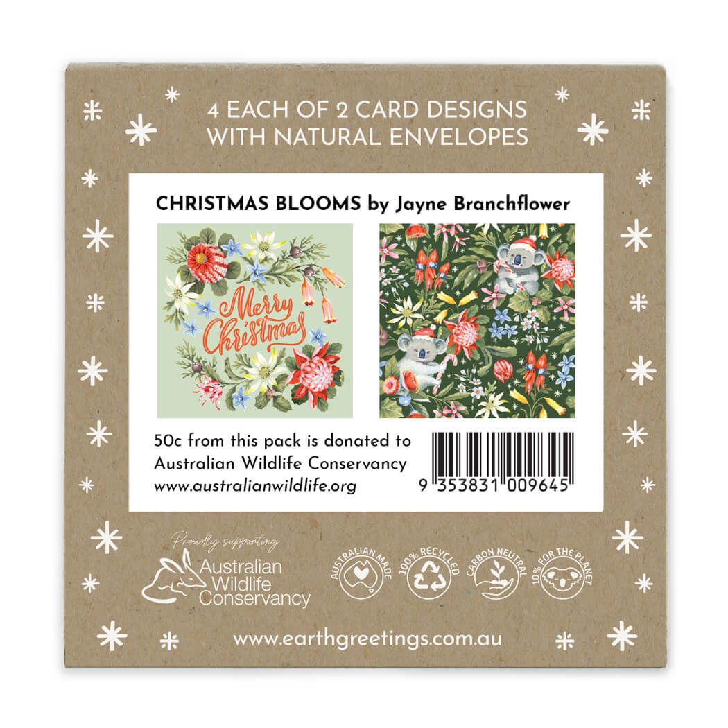 Packaging for Christmas-themed greeting cards by Jayne Branchflower. Christmas Card Pack is Australian Made