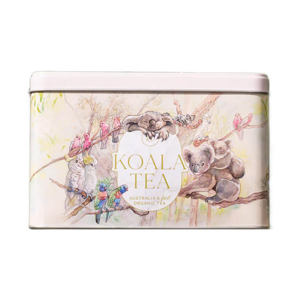 Koala-themed tea gift tin with assortment of organic teas