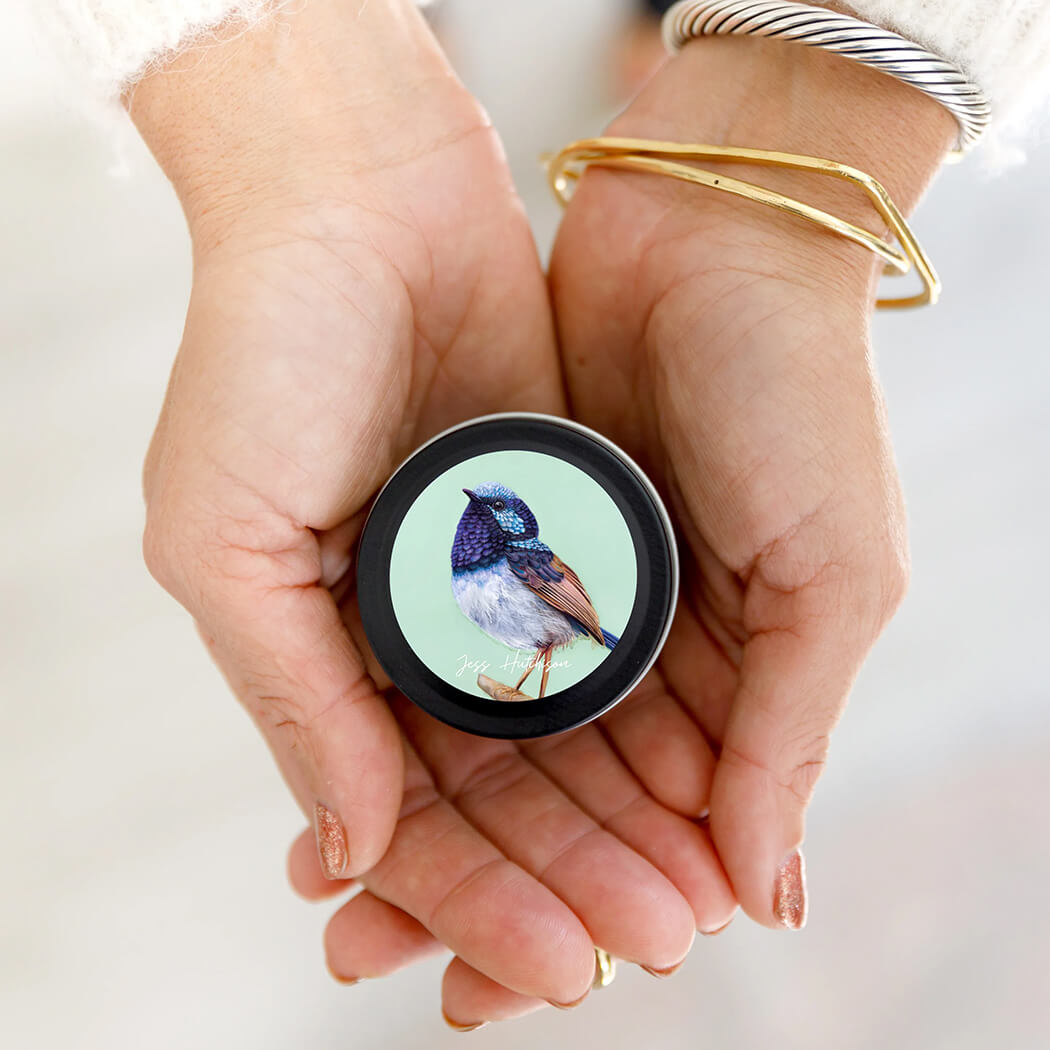 Lemon Myrtle Soy Candle with Fairy wren Artwork by Aroma Pot for lightweight souvenirs