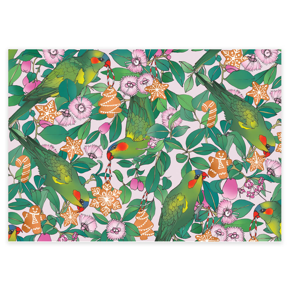 Australian Made Christmas Wrapping Paper Lorikeets and Lilly Pilly by Earth Greetings