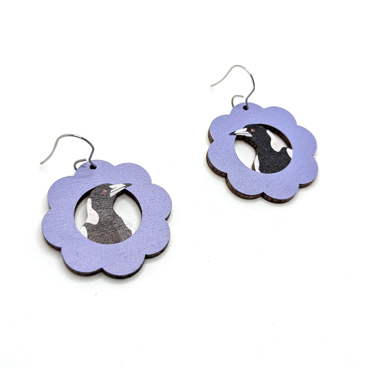 Australian Made magpie earrings on eucalyptus wood