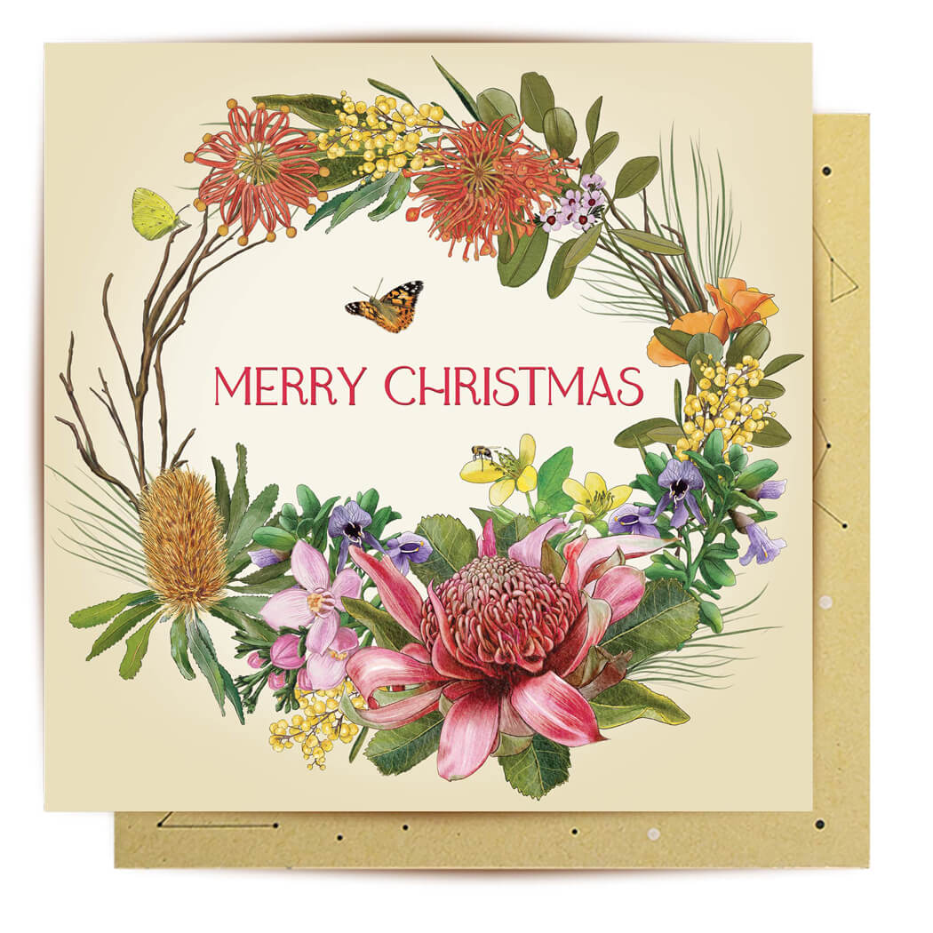 Merry Christmas Australia Florals Greetings Card by La La Land