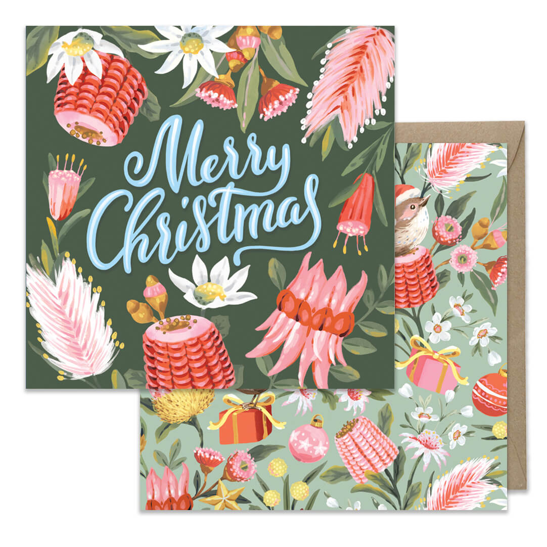 Australian made Christmas card 8 pack with Festive Wrens and green Native Flowers Merry Christmas designs