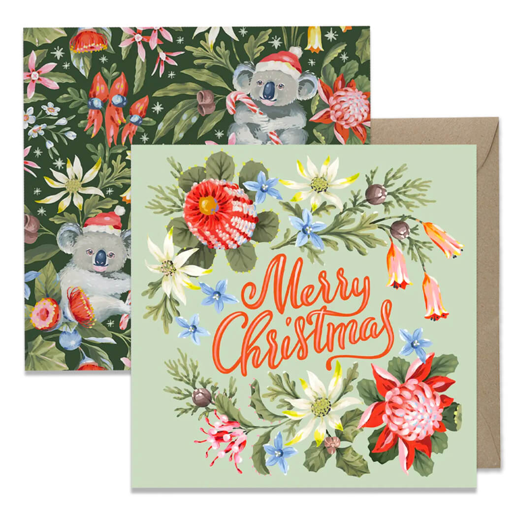 Christmas Card Pack with Koala and Native Flowers Design. Australian Made by Earth Greetings