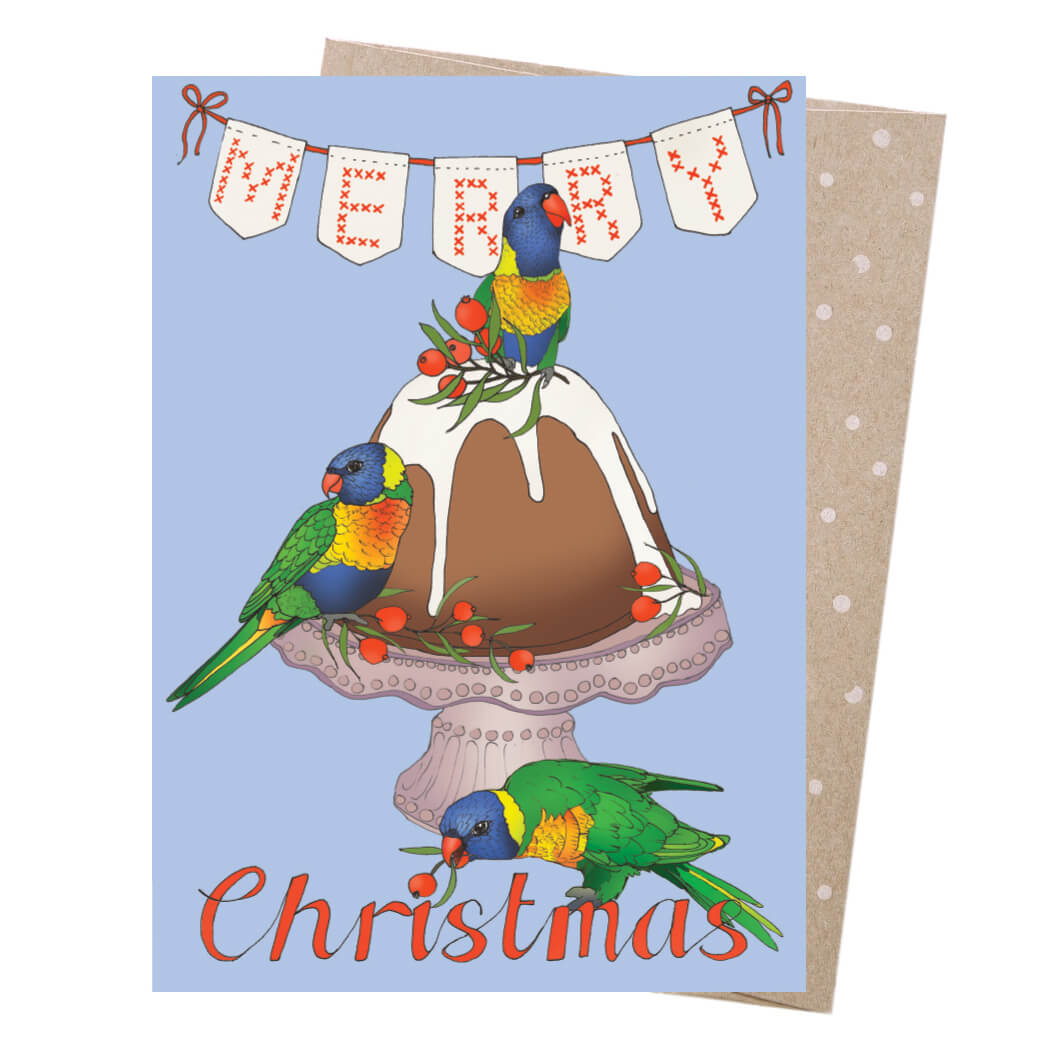 Australian made Christmas card with colourful lorikeets around a Christmas pudding and Merry Christmas wording