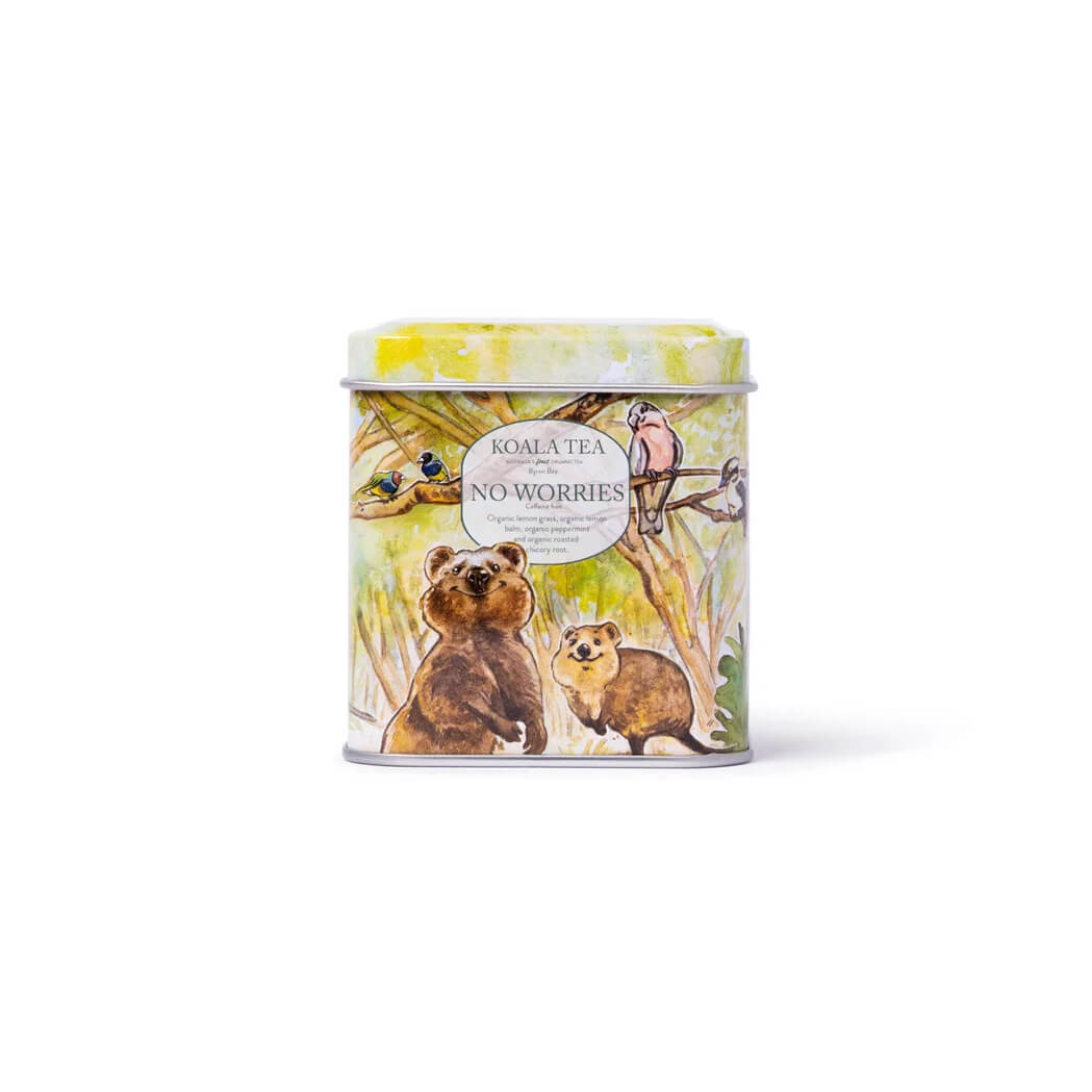 Australian made No Worries herbal tea collector tin with quokka artwork and 10 organic tea bags