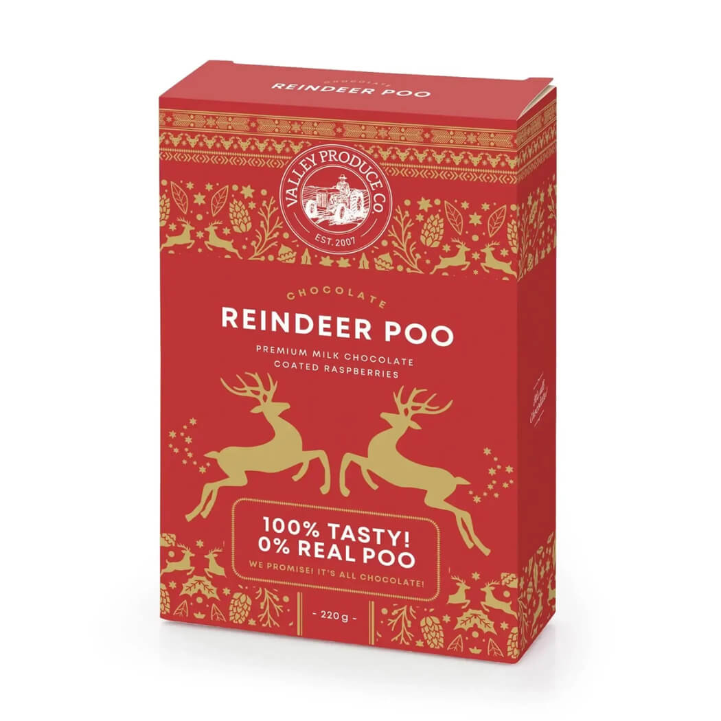 Australian made Reindeer Poo milk chocolates with raspberry jelly centres in 220g festive box