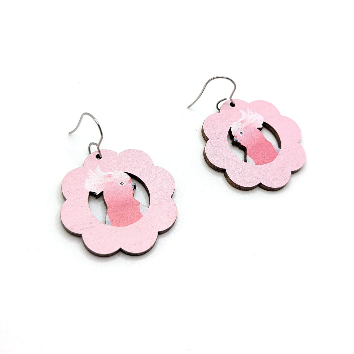 Australian Made pink galah wooden earrings