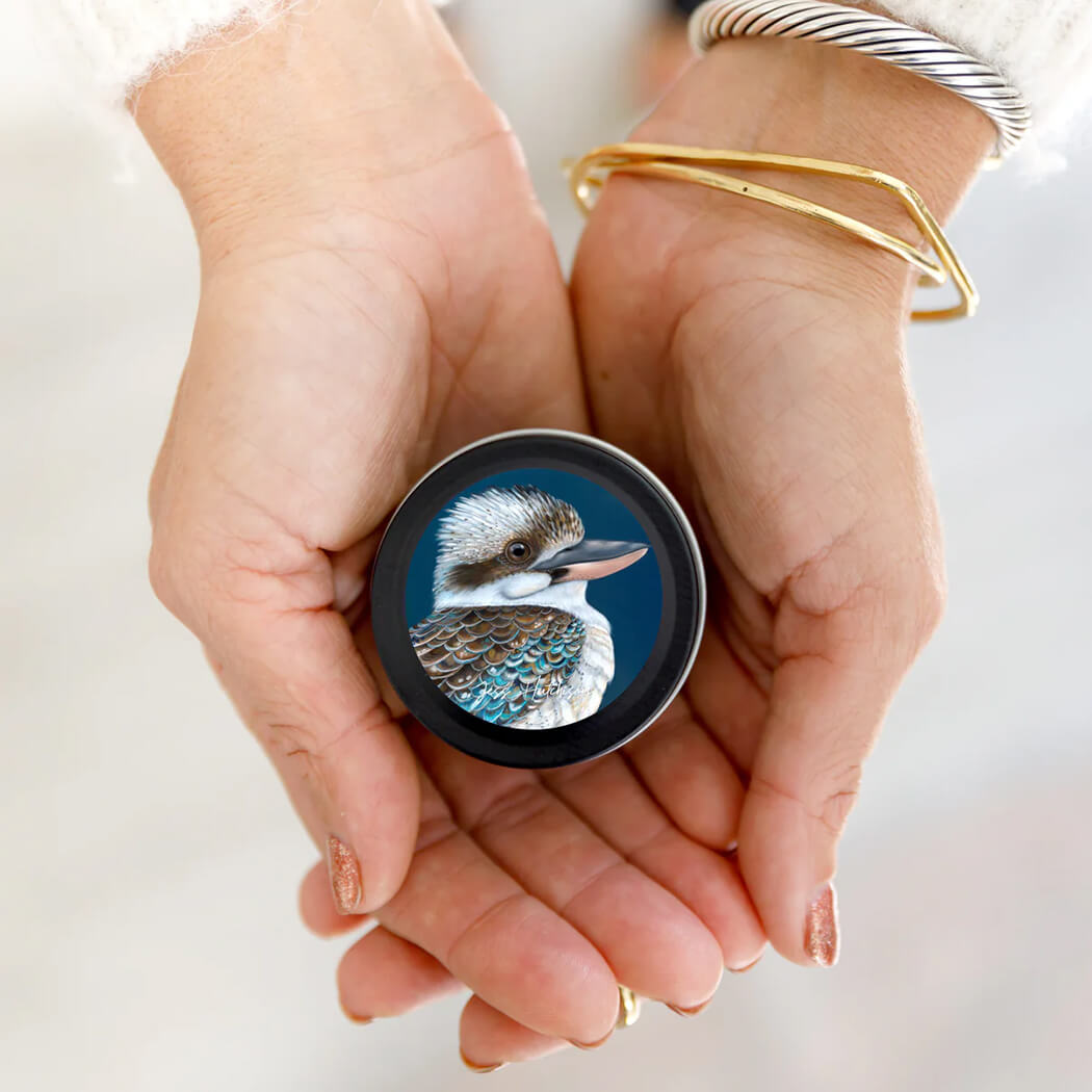 Sandalwood Soy Candle with Kookaburra Artwork Packaging for Handmade Australian Souvenir