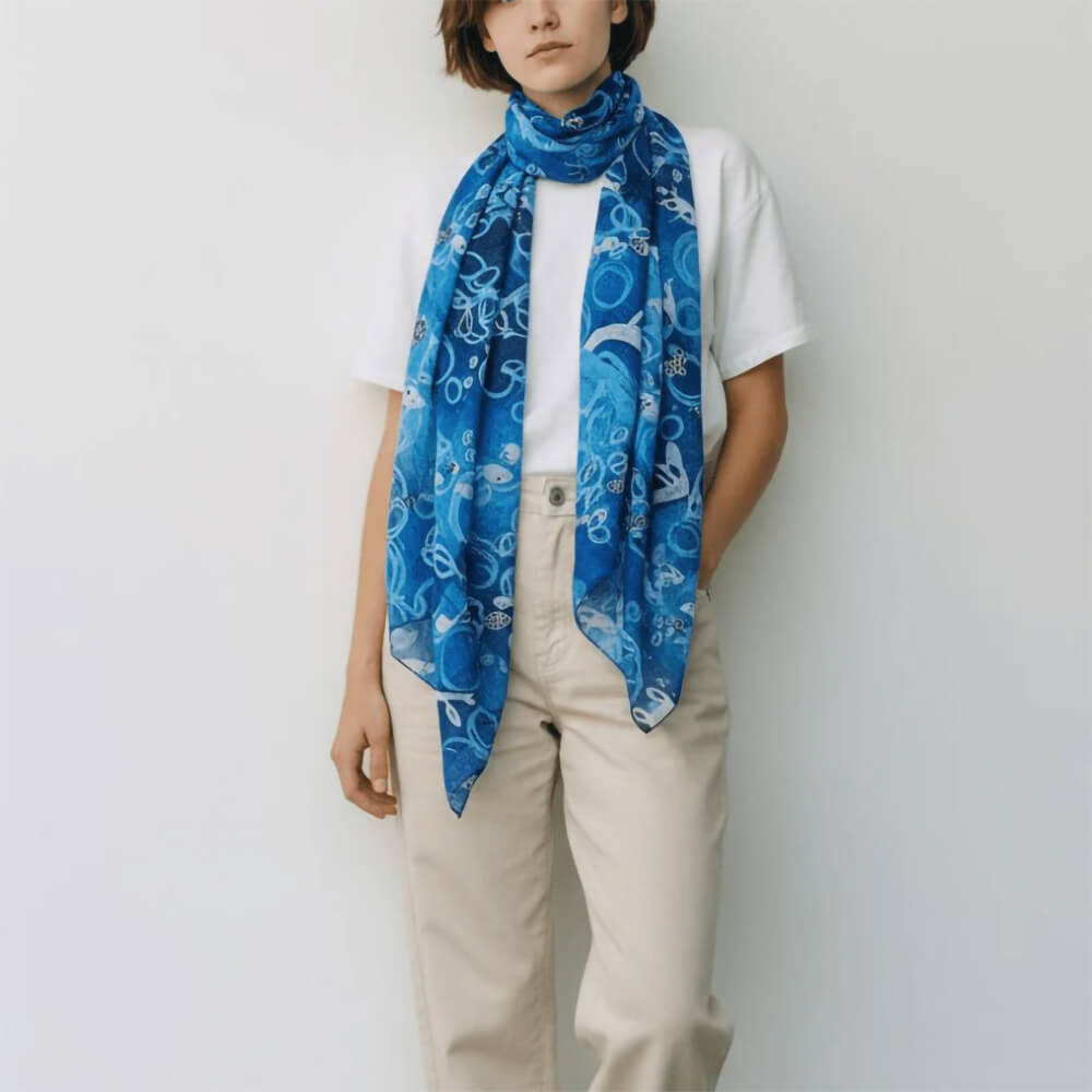 Australian Made Scarf Blue Sea Sushi design by The Spotted Quoll Tasmania
