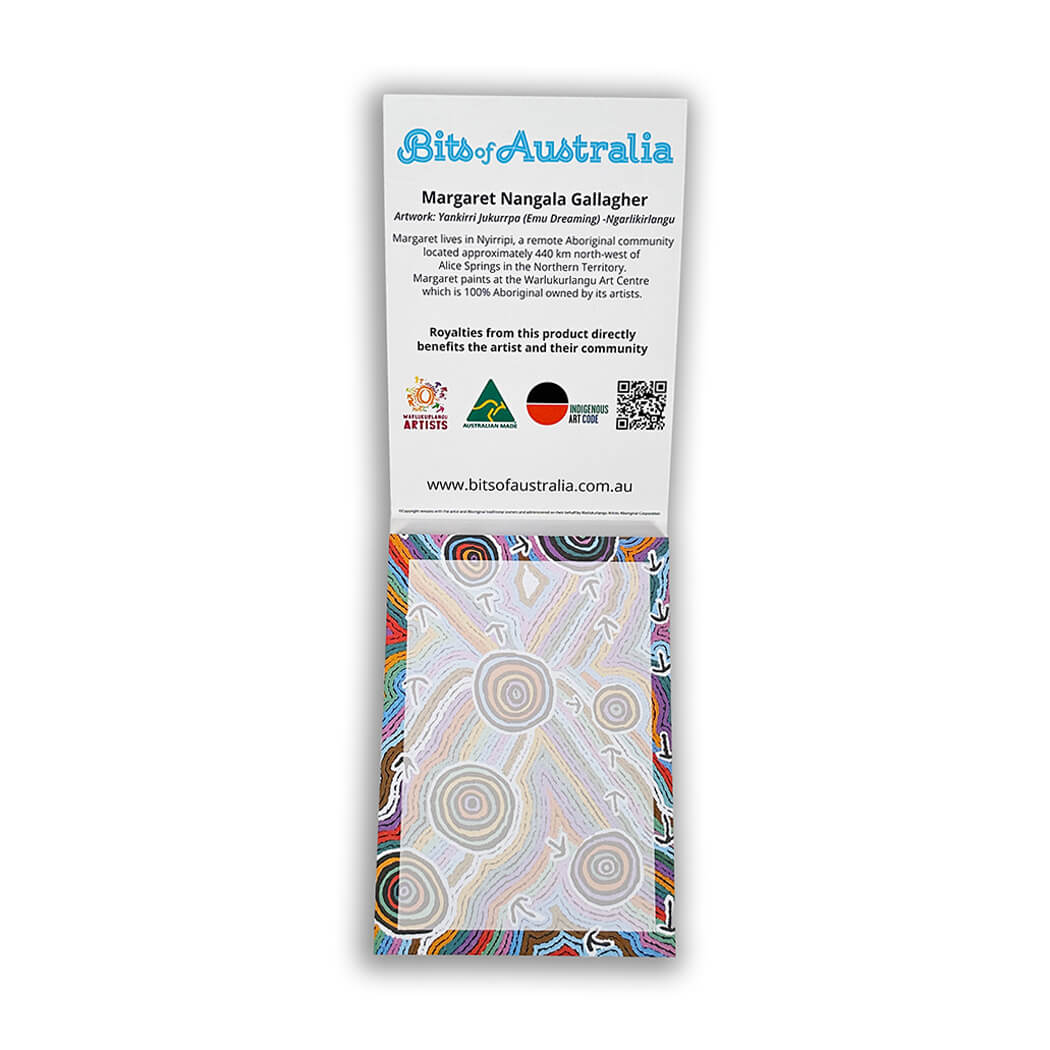 Aboriginal souvenir notepad  with artwork by Margaret nangala gallagher and Australian Made