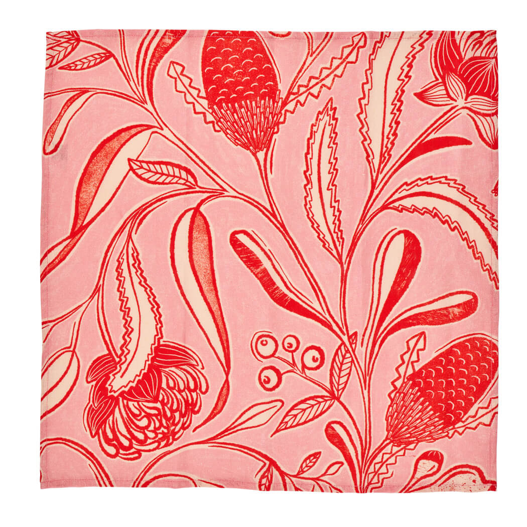 Cloth Napkins Australia - 100% Linen in a Waratah Design by Annabel Trends