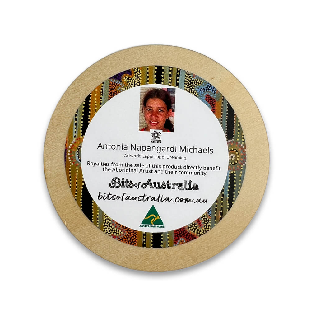 Aboriginal Souvenir Gifts Australia Wooden Coaster Antonia Napangardi Michaels Back