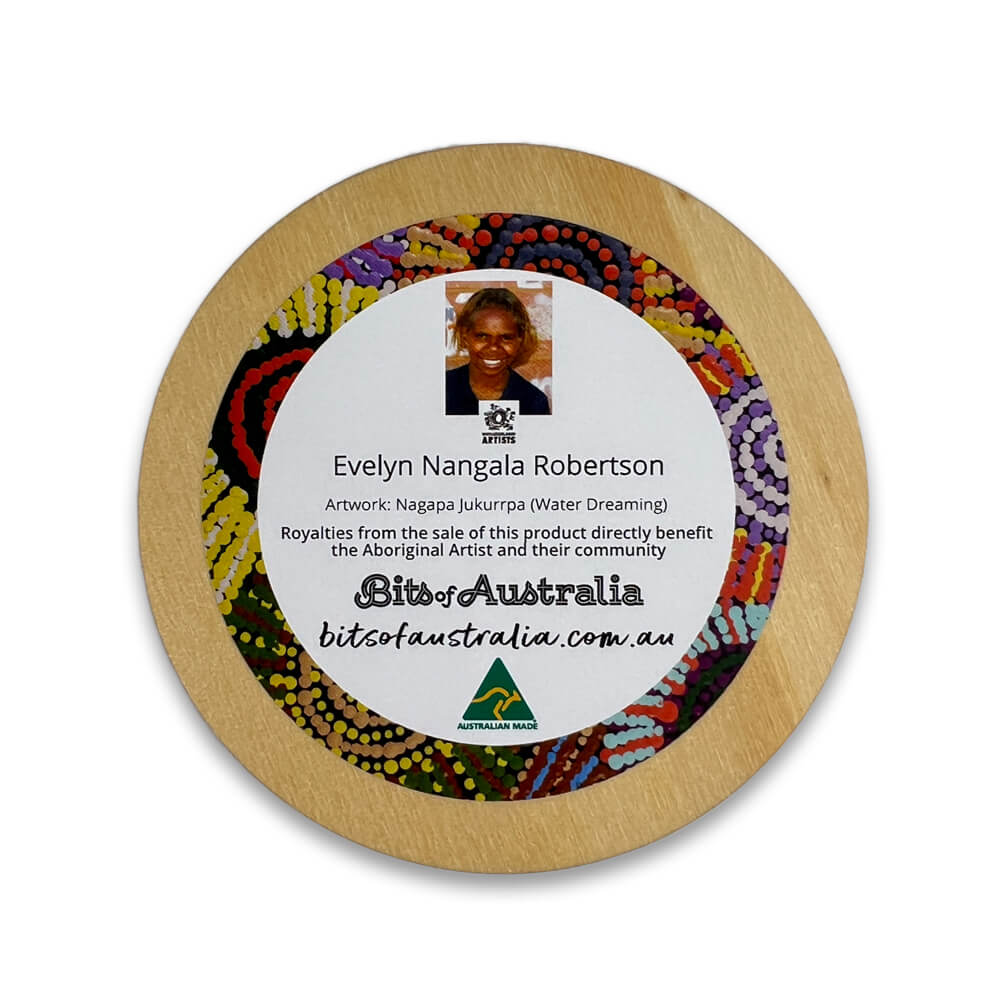 Aboriginal Souvenir Gifts Australian Made Wooden Coaster by Evelyn Nangala Robertson (Back)