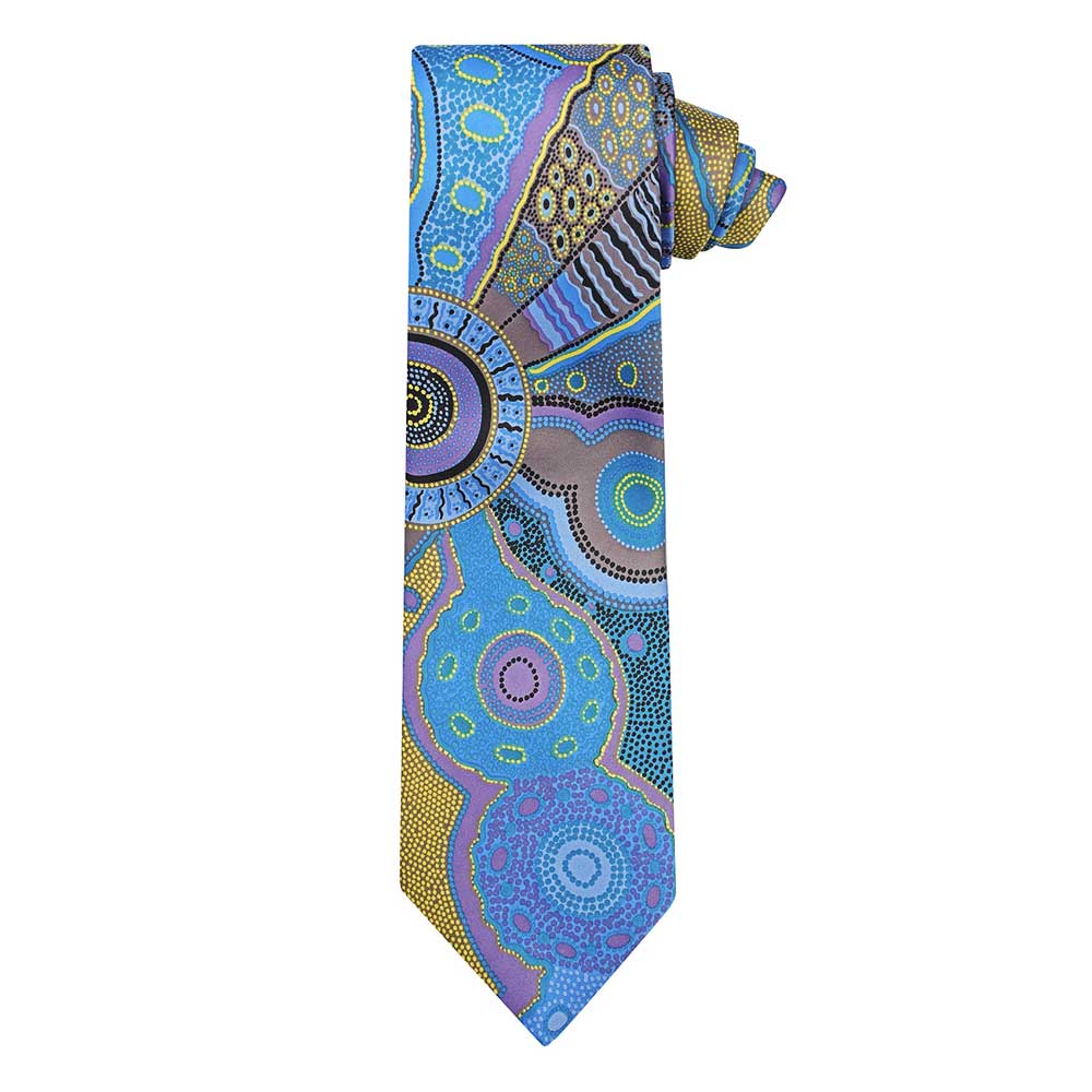 Australian Gifts for Men Outstations Aboriginal Tie  Norman Cox Blue Purple