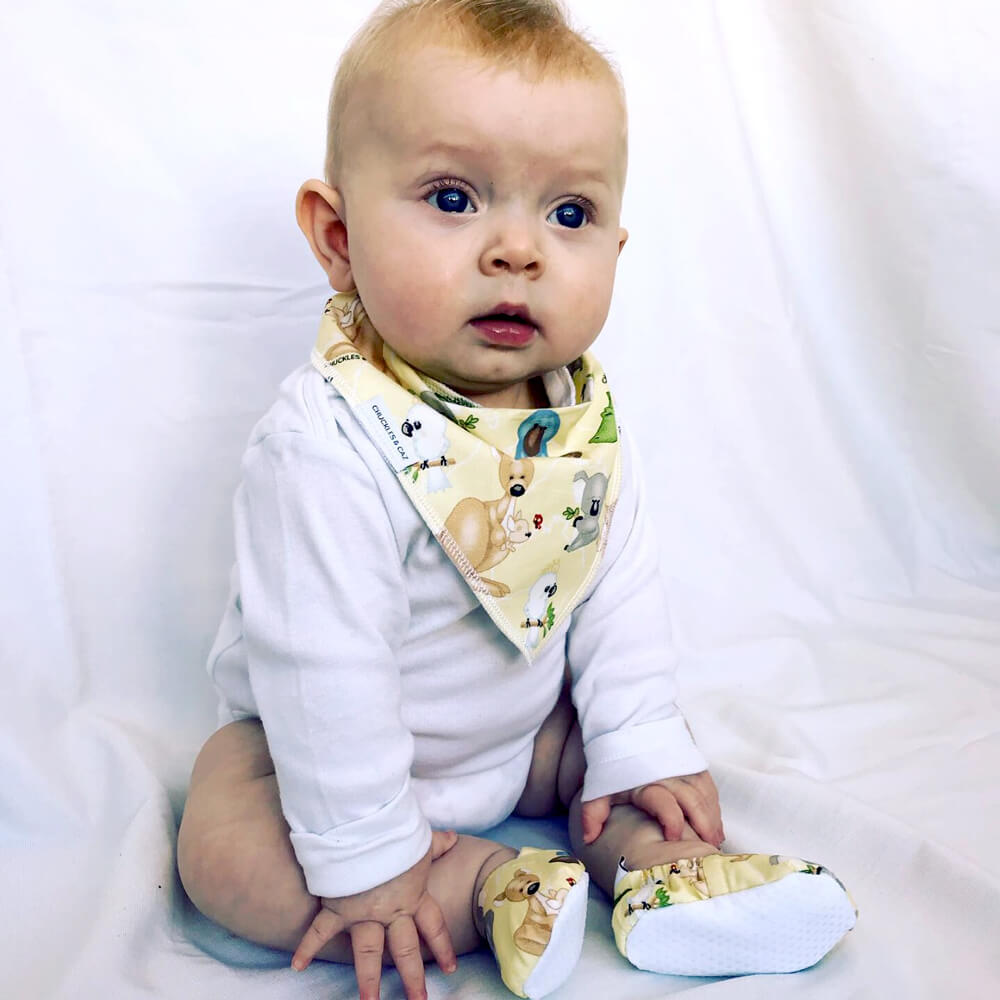 Australian made gifts for babies matching bib and booties by Chuckles &amp; Caz