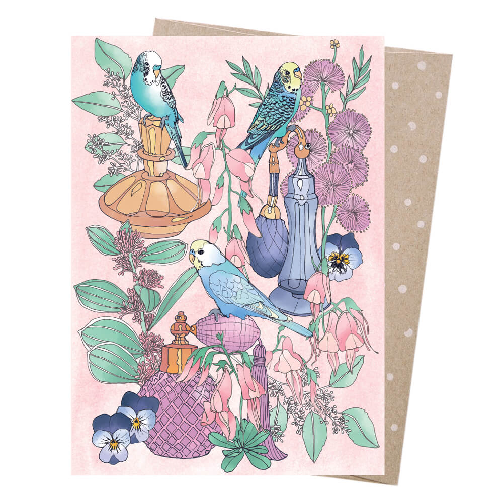 Australian Greeting Card Vintage Budgies by Earth Greetings