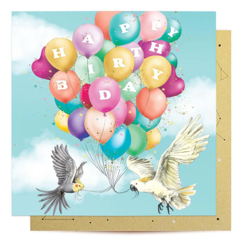 Australian Happy Birthday Card Birds Balloons