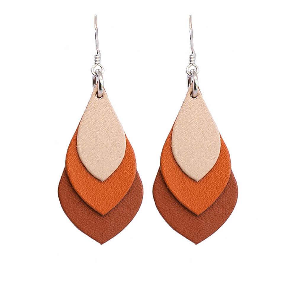 Australian Made Jewellery - Leather Teardrop Earrings Orange Tan