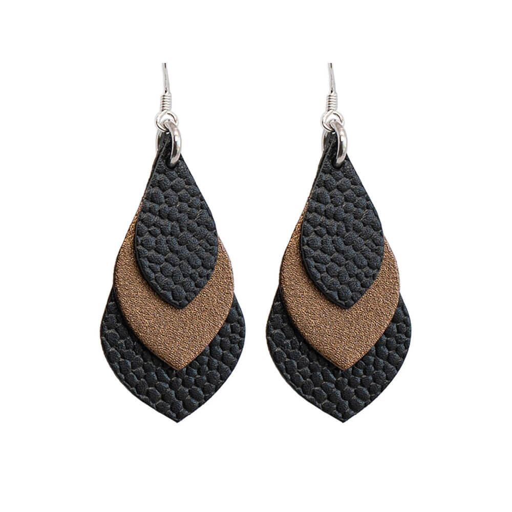 Australian Made Leather Teardrop Earrings Black Gold