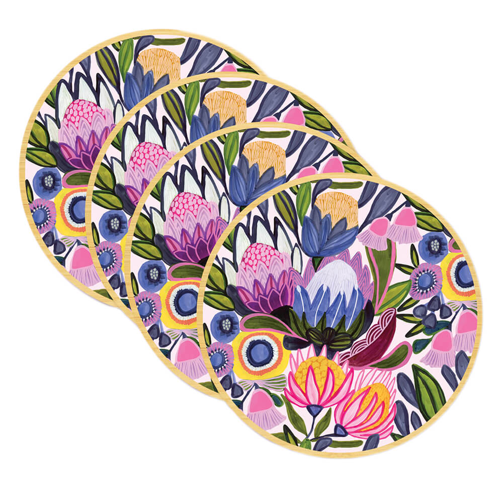 Australian Souvenir Wooden Coasters Colourful Protea by Kirsten Katz