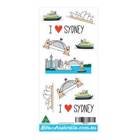 Australian Made Gifts & Souvenirs with the I Love Sydney Sticker Sheet -by Bits of Australia. For the best Australian online shopping for a Souvenirs - 1